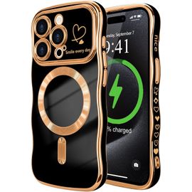 TRAHOO-Coque Compatible avec iPhone 15 Pro Max(6,7 Pouces) Magnétique avec Protection de Caméra Forme Ondulée Bouclée Galvanisé Coque pour iPhone 15 Pro Max(6,7 Pouces) Motif Coeur Noir