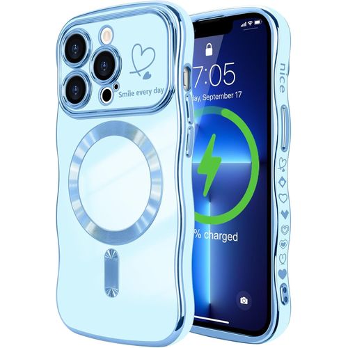 TRAHOO-Coque Compatible avec iPhone 13 Pro Magnétique avec Protection de Caméra Forme Ondulée Bouclée Galvanisé Motif Coeur Coque pour iPhone 13 Pro Bleu