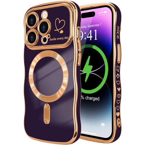 TRAHOO-Coque Compatible avec iPhone 14 Pro(6,1 Pouces) Magnétique avec Protection de Caméra Forme Ondulée Bouclée Galvanisé Coque pour iPhone 14 Pro(6,1 Pouces) Motif Coeur Pourpre Foncé