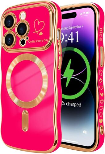 TRAHOO-Coque Compatible avec iPhone 14 Pro(6,1 Pouces) Magnétique avec Protection de Caméra Forme Ondulée Bouclée Galvanisé Coque pour iPhone 14 Pro(6,1 Pouces) Motif Coeur Rose Rouge