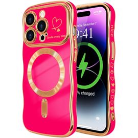 TRAHOO-Coque Compatible avec iPhone 14 Pro(6,1 Pouces) Magnétique avec Protection de Caméra Forme Ondulée Bouclée Galvanisé Coque pour iPhone 14 Pro(6,1 Pouces) Motif Coeur Rose Rouge
