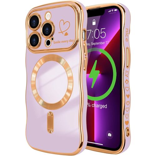 TRAHOO-Coque Compatible avec iPhone 13 Pro(6,1 Pouces) Magnétique avec Protection de Caméra Forme Ondulée Bouclée Galvanisé Coque pour iPhone 13 Pro(6,1 Pouces) Motif Coeur Violet Clair