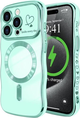 TRAHOO-Coque Compatible avec iPhone 15 Pro(6,1 Pouces) Magnétique avec Protection de Caméra Forme Ondulée Bouclée Galvanisé Coque pour iPhone 15 Pro(6,1 Pouces) Motif Coeur Vert Clair