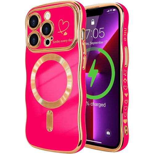 TRAHOO-Coque Compatible avec iPhone 13 Pro(6,1 Pouces) Magnétique avec Protection de Caméra Forme Ondulée Bouclée Galvanisé Coque pour iPhone 13 Pro(6,1 Pouces) Motif Coeur Rose Rouge