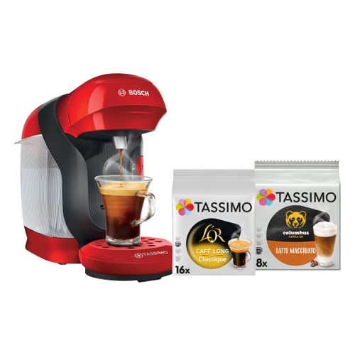 Machine multi-boissons Bosch TAS113EC5 - 1400 W - Café, Café crème, Cappuccino, Chocolat chaud, Espresso, Lait chaud, Latte Macchiato, Thé - Rouge