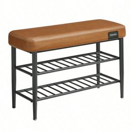 Banc À Chaussures, Pu Avec Coutures, Style Moderne Mi-Siècle, Charge 135 Kg, 30 X 80 X 50 Cm, Marron Caramel
