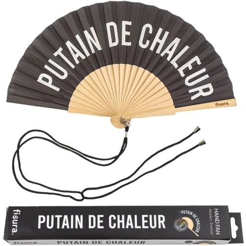 Éventail avec message français p*tain de chaleur. Éventail moderne et amusant en bois Éventail noir et blanc. Éventail avec cordon pour éventail. Mesures : 42,5 x 23 cm.