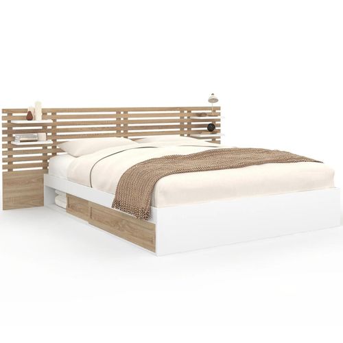 Lit Double Savana Avec Tête De Lit, Chevets, Rangements Et Sommier 160 X 200 Cm Façon Hêtre Et Blanc