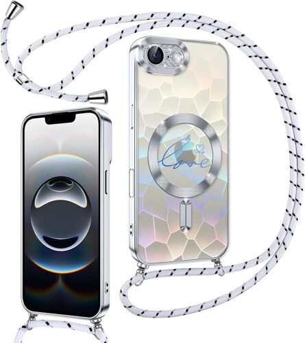 SJZG-Magnétique Coque Glitter Pour Iphone 16E Avec Cordon [Compatible Avec Magsafe], Motif Coeur Transparente Etui Pour, Réglable Amovible De Cordon, Argent