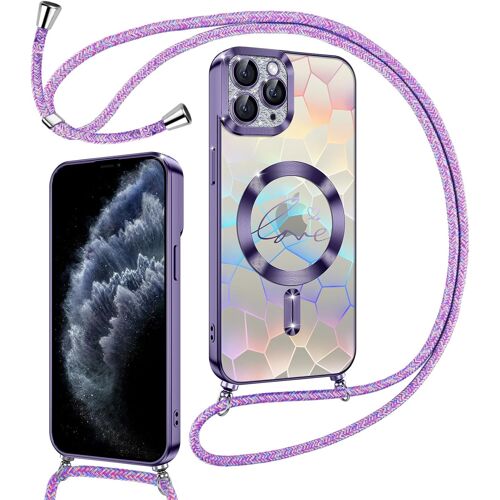 SJZG-Coque Glitter Magnétique Pour Iphone 11 Pro Max Avec Cordon [Compatible Avec Magsafe], Motif Coeur Transparente Etui Pour Filles Femmes, Antichoc Silicone Housse Pour Iphone 11 Pro Max Violet