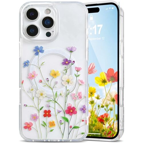 TRAHOO-Coque pour iPhone 16 Pro Max Compatible avec Magsafe, Magnétique Étui Transparent avec Motif Fleurs Mince Clair Anti-Jaunissement Housse de Protection pour Filles et Femmes - Vignes Florales