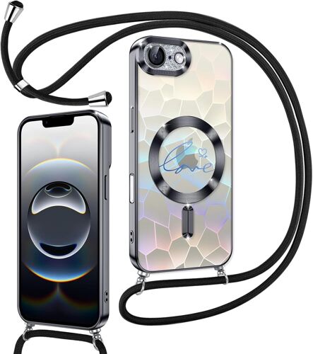 SJZG-Magnétique Coque Glitter Pour Iphone 16E Avec Cordon [Compatible Avec Magsafe], Motif Coeur Transparente Etui Pour, Réglable Amovible De Cordon, Noir