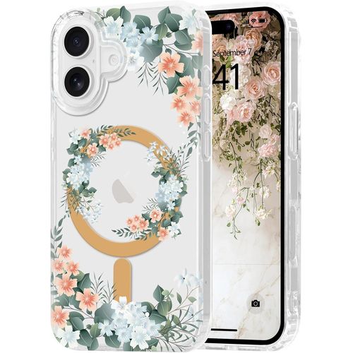 Tianyi-Coque Magnétique Pour Iphone 16 Plus Compatible Avec Magsafe, Housse Etui Motif De Fleur Florale Mignon Pour Femme Fille, Bumper Case Protection Antichoc En Silicone, Orange