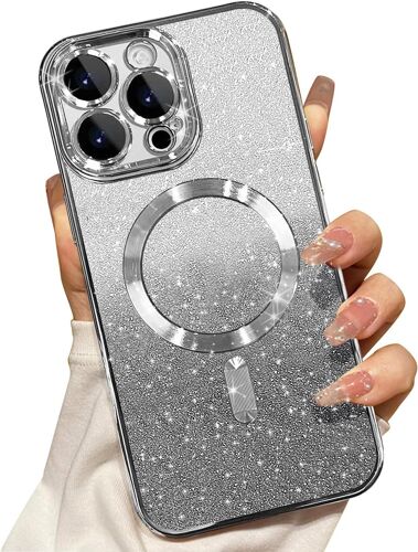 SJZG-Coque Magnétique Compatible Iphone 16 Pro, Silicone Coque Flash Gradient Compatible Magsafe, Avec Protection De L'Objectif De L'Appareil Photo - Argent