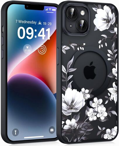 SJZG-Magnétique Coque Pour Iphone 14 Plus 6,7"", Aesthetic Motif Fleur Étui Compatible Avec Magsafe, Translucide Mat Filles Case Mince Silicone Tpu + Pc Rigide Antichoc Protection Housse, Noir 04