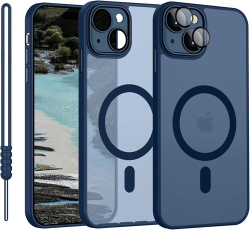 SJZG-Coque Magnétique Pour Iphone 15 Compatible Avec Magsafe, Étui Pour Iphone 15 Translucide Mat Coque Ultra Fine Silicone Anti-Glisse Résistant Aux Rayures, Bleu Foncé