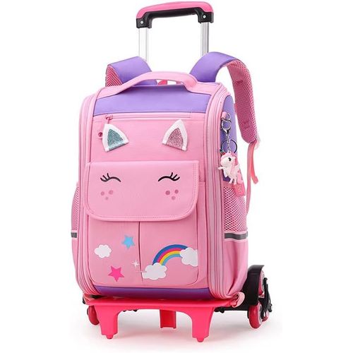 Cartable A Roulette Fille, 16 Pouces Légers Sac A Roulette Fille Primaire, Détachable Cartable Roulettes Enfant Pour Voyages Scolaires, 4-9 Ans, Violet Rose