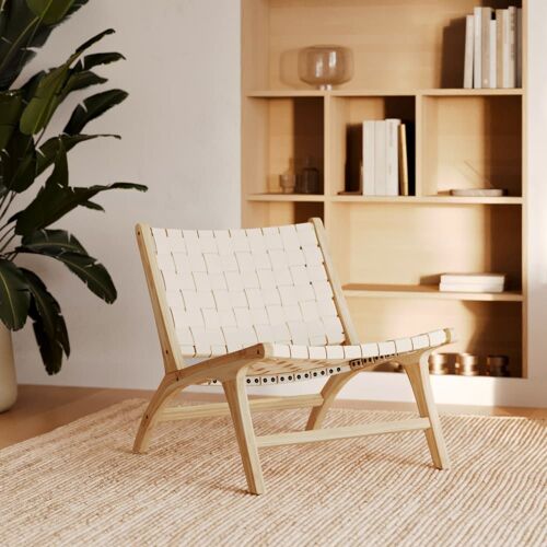 Fauteuil en teck et cuir tressé blanc