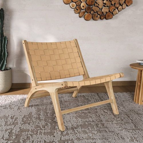 Fauteuil En Teck Et Cuir Tressé Beige