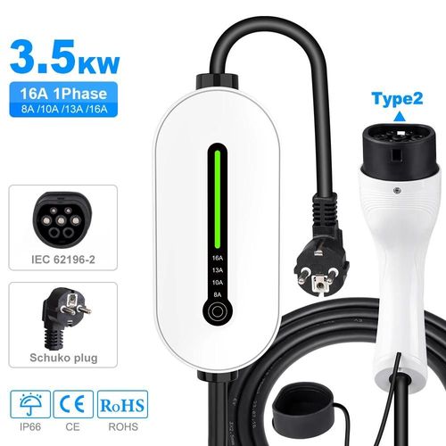 Ev Chargeur Portable Type2/Gbt Connecteur 16a 1 Phase 3.5kw Type1 3.5m Station De Charge Murale Pour Véhicule Électrique