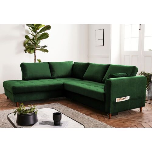 Canapé d'angle gauche convertible 5 places en velours vert