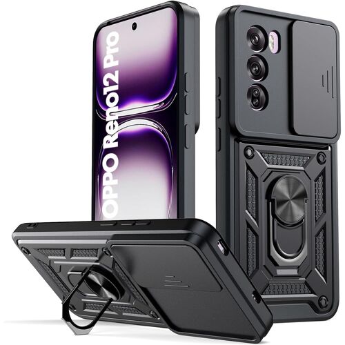 Coque pour Oppo Re12 Pro 5G,avec Couvercle Coulissant de Caméra,Support d'Anneau Rotatif,Coque de Protection Antichoc Anti-Rayures-Noir