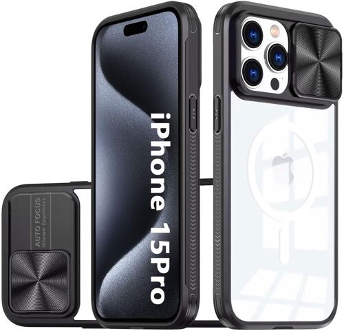 Magnétique Coque Compatible Avec Iphone 15 Pro,Cache Camera Protection,Étui Avec Cache Caméra Coulissante,Composé D'un Dos En Pc Et D'un Cadre En Tpu-Noir