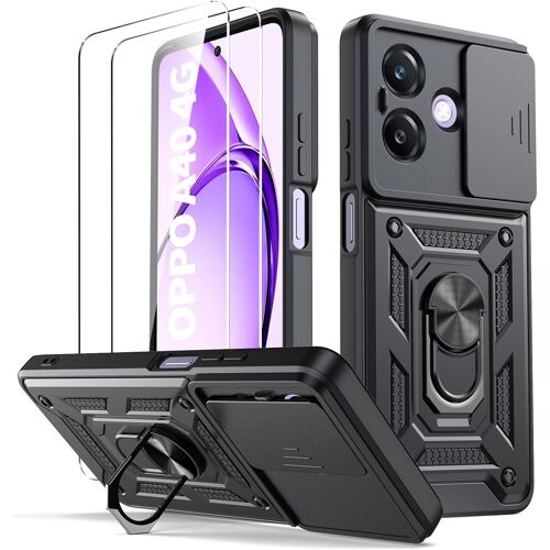 JGD-- Coque pour Oppo A40 / Oppo A40M, [2 Protecteur Verre Trempé] avec Couvercle Coulissant de Caméra, Support d¿Anneau Rotatif, Coque de Protection Antichoc Anti-Rayures - Noir