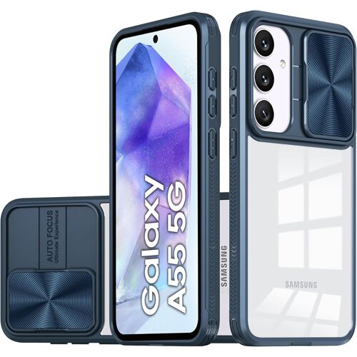 Coque Compatible Avec Samsung Galaxy A55,Cache Camera Protection,Étui Avec Cache Caméra Coulissante,Composé D'un Dos En Pc Et D'un Cadre En Tpu-Bleu