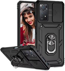 Coque pour Xiaomi Redmi Note 11 Pro 4G/5G/Redmi Note 12 Pro 4G Étui,Protecteur de Caméra,Armure Rigide Housse Metal Anneau Magnetic Support Étui,PC Dur et TPU Silicone Antichoc Case Noir