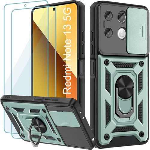 Coque Pour Xiaomi Redmi Note 13 5g Avec 2 Pièces Verre Trempé,Lentille Coulissante Couverture,Support 360° Rotatif Militaire Pc Armor Etui,Vert