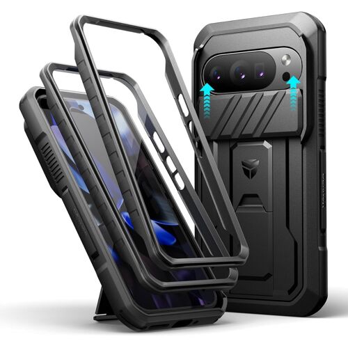 pour Coque Google Pixel 10/10 Pro[Double Cadre Avant et Support] avec CaméRa Coulissante Intégrée & Protecteur d'écran,Coque de Protection Robuste Résistante Aux Chocs-Noir