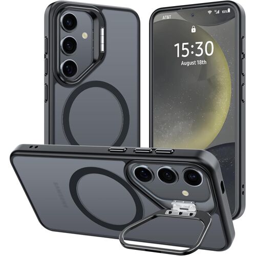 Coque pour Samsung Galaxy S24 avec Béquille,Compatible avec MagSafe,Etui de Téléphone avec Caméra Support en Métal Intégrée,Housse de Protection de Qualité Militaire,Mat Translucide Noir