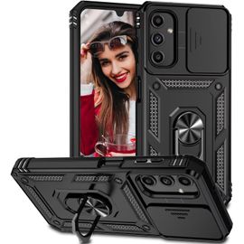 TRAHOO-Coque pour Samsung Galaxy A34 5G Étui, Protecteur de Caméra, Armure Rigide Housse 360° Metal Anneau Magnetic Support Étui, PC Dur et TPU Silicone Antichoc Anti-Rayures Case Noir