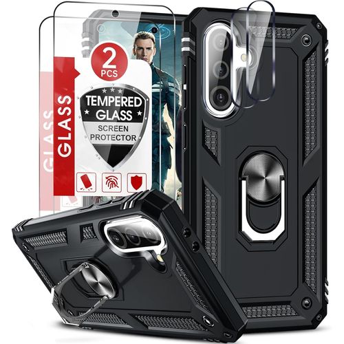 Coque De Protection Pour Samsung Galaxy A56 5g ¿ Bumper Armure Rigide Antichoc, Anneau Support Rotatif 360°, 2 Verres Trempés + 2 Protecteurs D'objectif, Noir