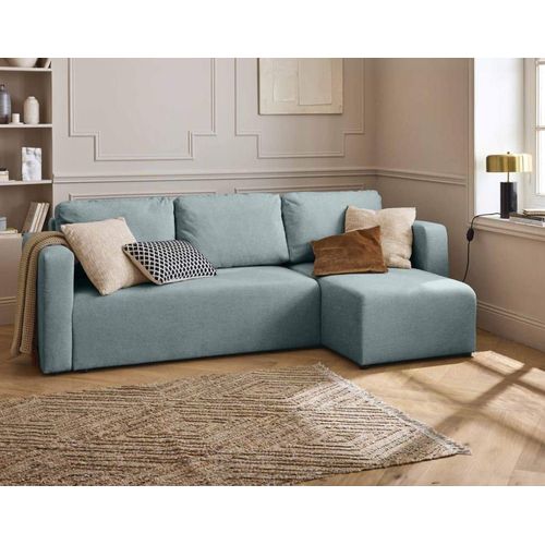 Canapé D'angle Réversible Convertible 4 Places En Tissu Texturé Bleu