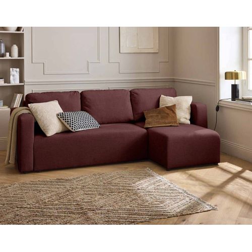 Canapé D'angle Réversible Convertible 4 Places En Tissu Texturé Prune