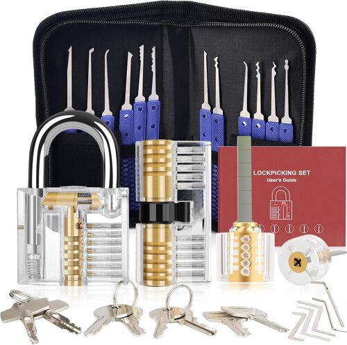 Kit De Crochetage Bleu Serrure 37 Pièces - 4 Serrure Transparente, Lock Picking Kit Outils De D'entraînement, Poignée En Silicone Confortable, Pour Serruriers Débutant Et Professionnel 