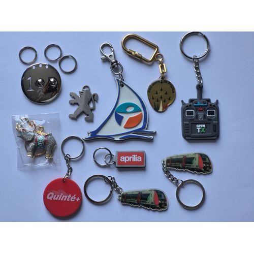 Lot De Dix Porte-Clés : Aprilia, Patrouille De France, Bombardier, Bouygues Telecom, Quinté+, De Marlieu Chocolatier, Radiomaster, Lion Peugeot, Bijou Éléphant