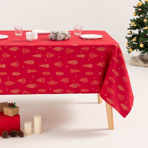 Nappe De Noël En Coton Jacquard Rouge Et Or 140x200 Cm