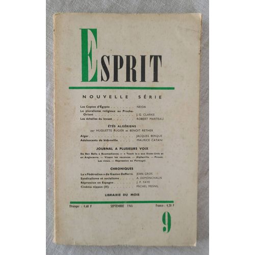 Revue Esprit . Nouvelle Série No 9 . L Egypte Est Leur Patrie . Septembre 1965