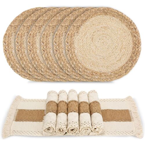 VornixorSarlshopLot de 6 sets de table tissés à la main en toile de jute de coton naturel et paille d'eau tissée, décoration en macramé et style ferme, pour table à manger, cuisine