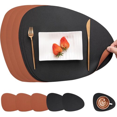 Ulteronixshop-Set de Table et Dessous de Verre, Set de Table Antidérapant Double Face Sets de Table Lavable Imperméables Set Table et Dessous de Verre Set Table Plastique (Noir Marron, Lot de 6)
