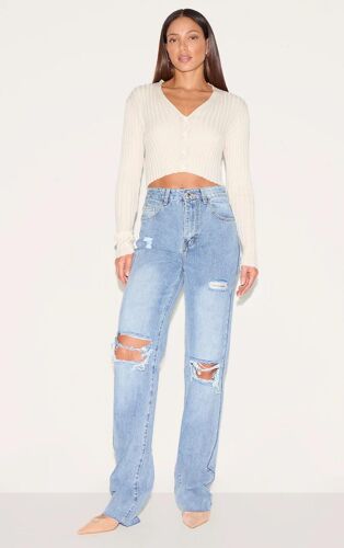 Tall Jean Droit Très Long Délavé Clair À Détail Déchiré, Bleu Clair Délavé