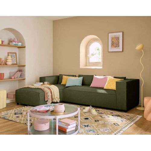 Canapé D'angle Gauche 4 Places En Tissu Texturé Vert Olive