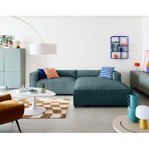 Canapé D'angle Droit 4 Places En Tissu Velours Relief Bleu