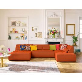 Canapé Panoramique 7 Places Angle Droit En Tissu Mailles 3d Orange