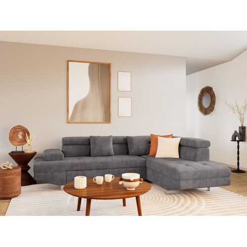 Canapé D'angle Droit Convertible 5 Places En Velours Texturé Gris