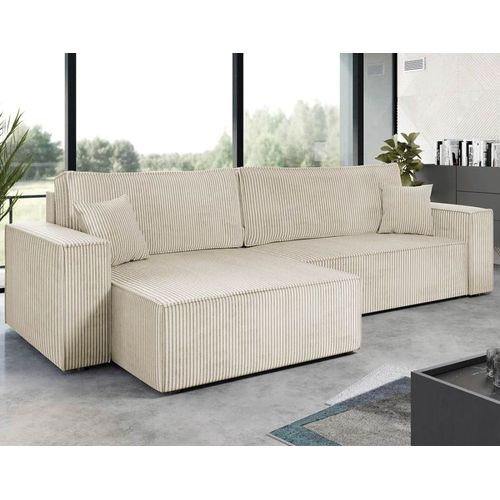 Canapé D'angle Réversible Convertible 5 Places En Velours Côtelé Beige
