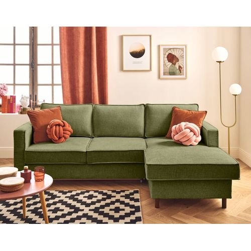 Canapé D'angle Droit Convertible 4 Places En Tissu Velours Relief Vert